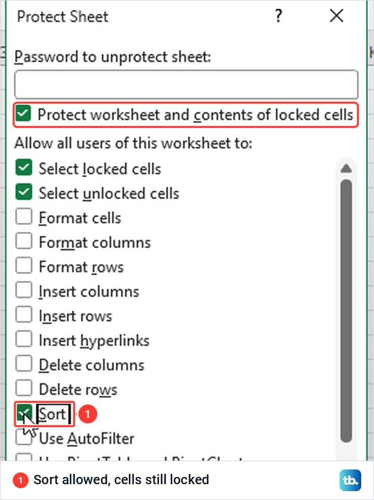 Excel Protect Sheet box with the Sort option ticked while locked cells stay protected.