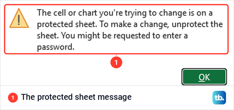 Excel message saying the cell or chart you are trying to change is on a protected sheet.