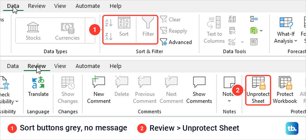 Excel Data tab with greyed sort buttons on a protected sheet, and Review Unprotect Sheet.
