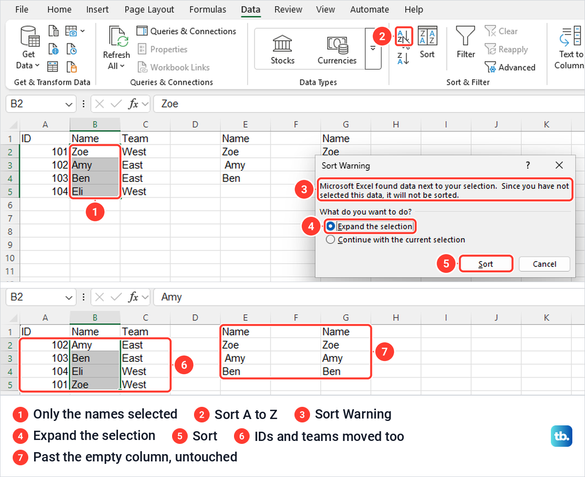Excel Sort Warning box with Expand the selection chosen, and the list sorted with whole rows.