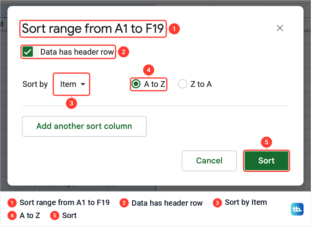 Google Sheets Sort range box with Data has header row ticked and Item set to A to Z.