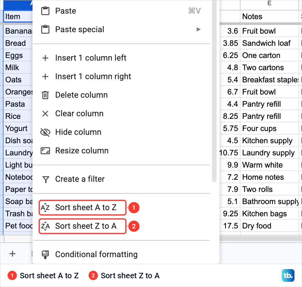 Google Sheets column menu after right-clicking column A with Sort sheet A to Z and Z to A.