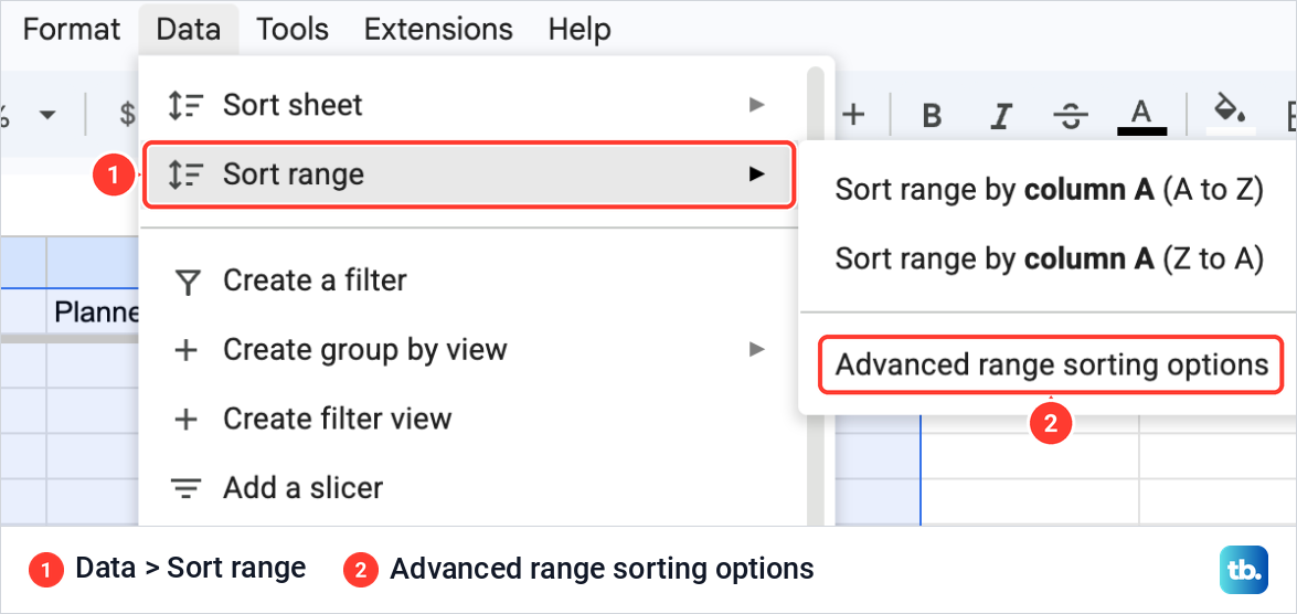 Google Sheets Data menu with Sort range open showing Advanced range sorting options.