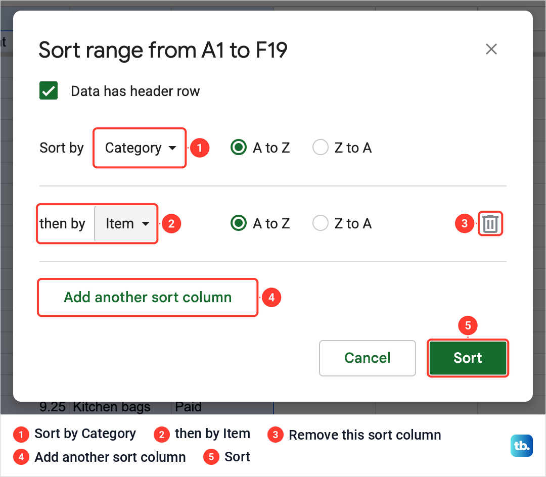 Google Sheets Sort range box sorting by Category and then by Item, both A to Z.