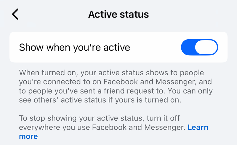 Messenger Active status screen with the Show when you're active switch turned on