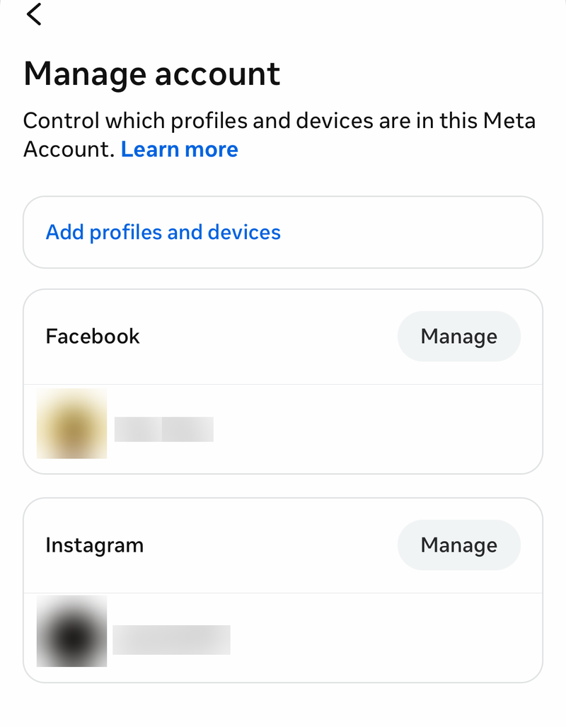 Facebook Meta Account Manage account screen listing a Facebook and an Instagram profile with Manage buttons, names blurred