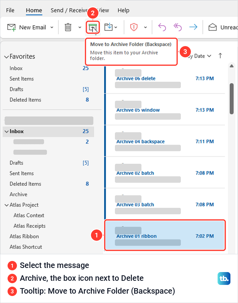 Classic Outlook Home tab with a message selected and the Archive button tooltip showing Backspace.