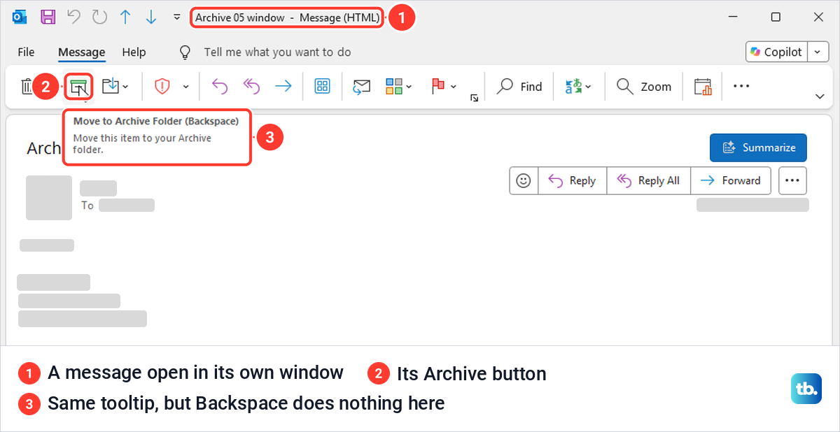 A classic Outlook message open in its own window with the Archive button and its tooltip showing.