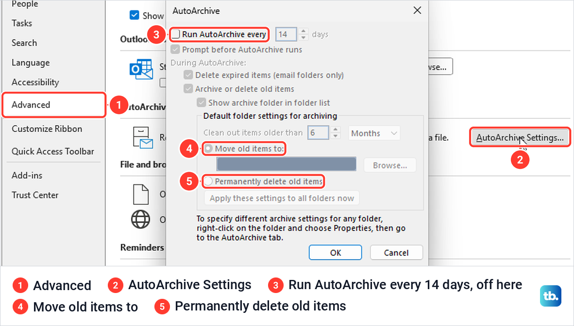 Classic Outlook Options on the Advanced page with the AutoArchive dialog open and its options greyed out.