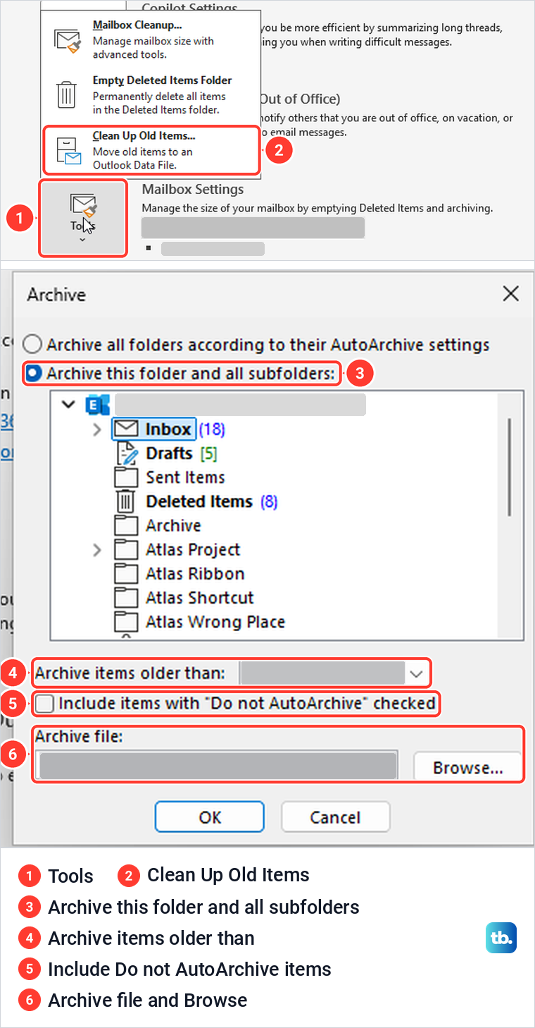 Classic Outlook File Info Tools menu with Clean Up Old Items, above the Archive dialog it opens.