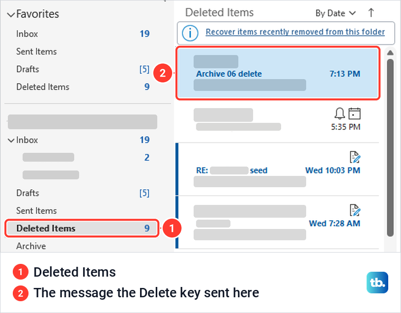 Classic Outlook Deleted Items folder holding the test message that the Delete key sent there.