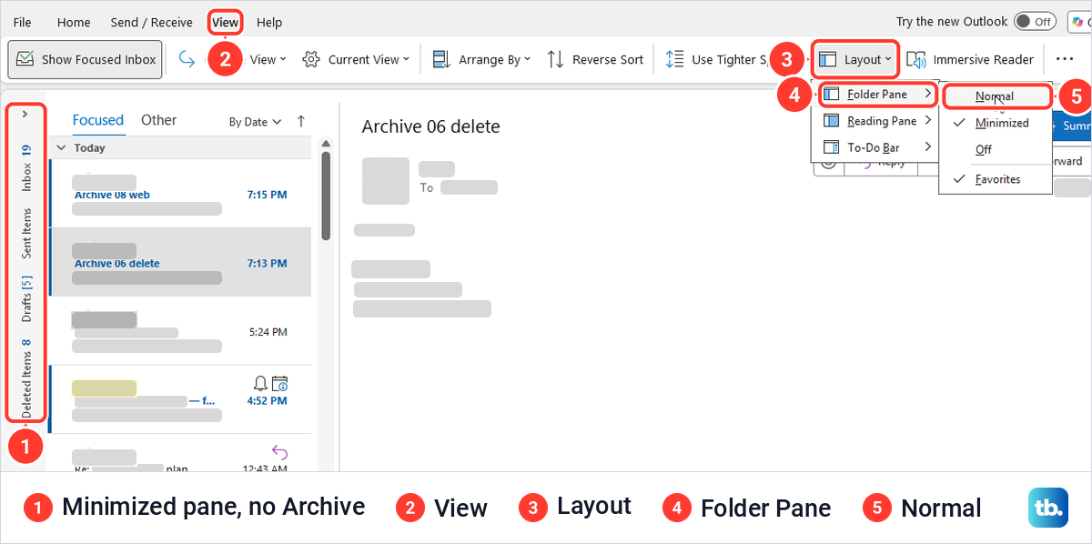 Classic Outlook with a minimized folder pane and the View Layout Folder Pane menu set to Normal.