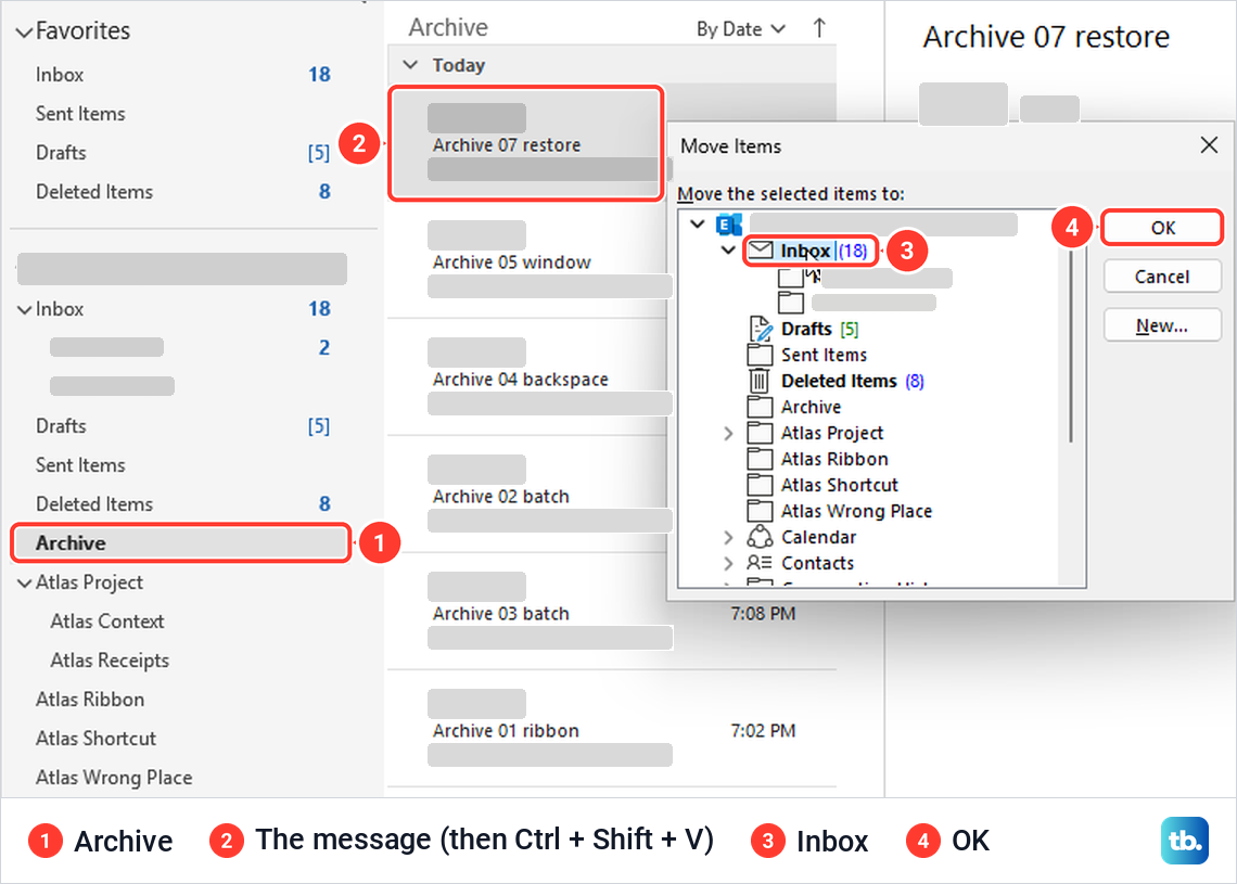 Classic Outlook Archive folder with a message selected and the Move Items box set to Inbox.