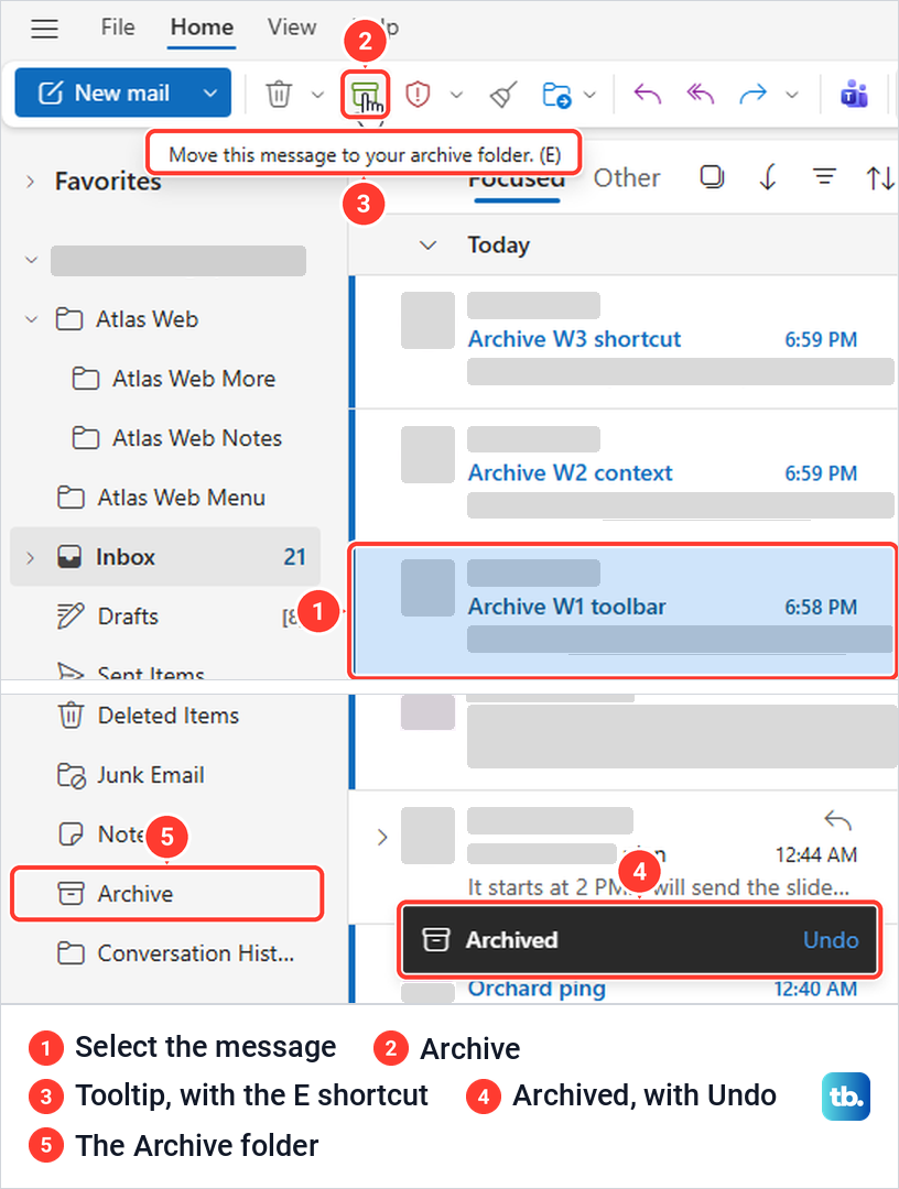 Outlook on the web with a message selected, the Archive button tooltip and the Archived notice with Undo.