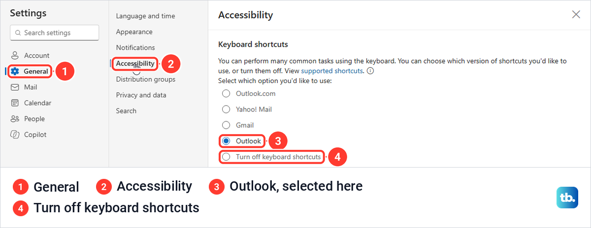 Outlook on the web Settings at General and Accessibility with the Outlook keyboard shortcut set selected.