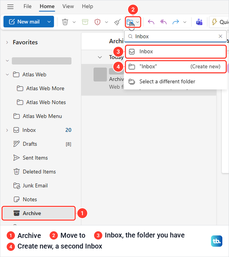 Outlook on the web Move to menu searched for Inbox, listing the real Inbox and a Create new entry.