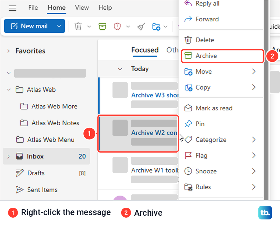 Outlook on the web right-click menu on a message with Archive between Delete and Move.