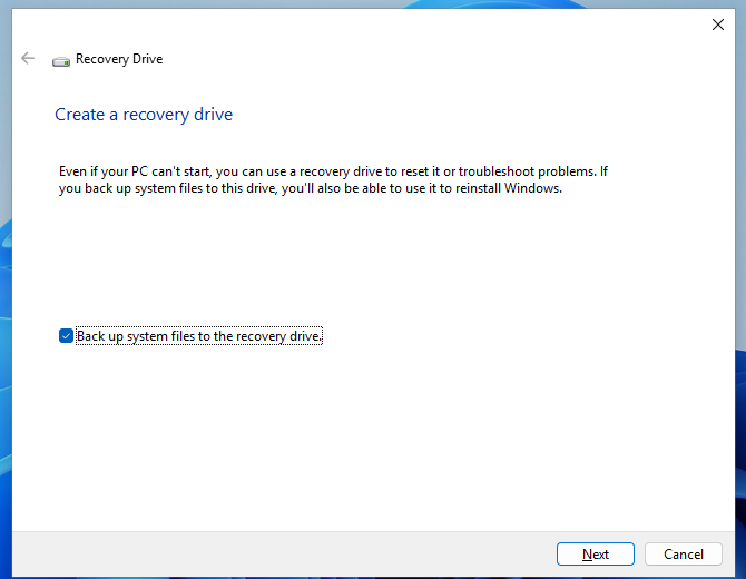 Windows 11 Recovery Drive wizard first page Create a recovery drive with the Back up system files box ticked