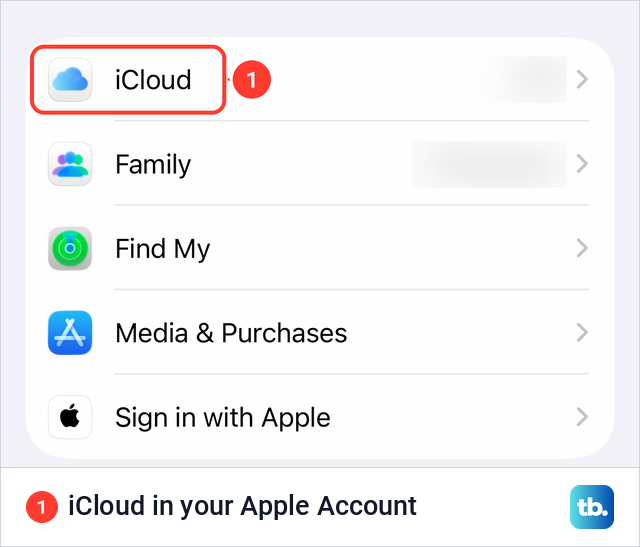 The iPhone Apple Account page in Settings with the iCloud row above Family and Find My.