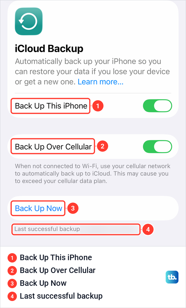 The iPhone iCloud Backup page with Back Up This iPhone, Back Up Over Cellular, Back Up Now and the last successful backup line.