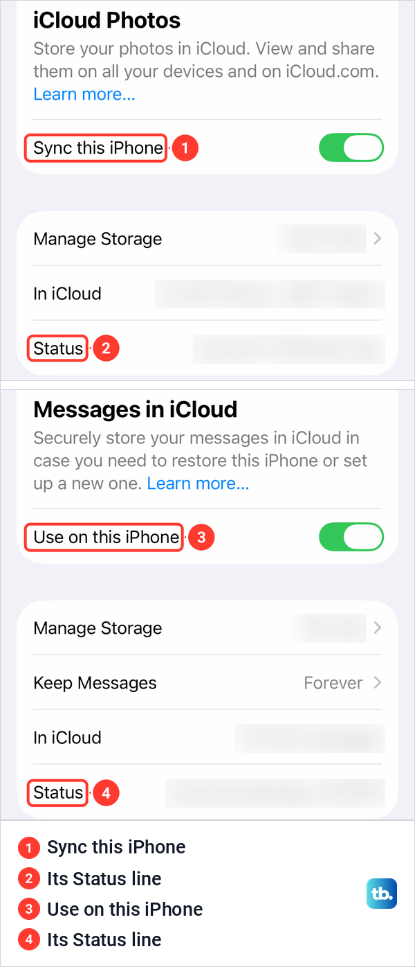 The iCloud Photos page with Sync this iPhone and its Status line, and the Messages in iCloud page with Use on this iPhone and its Status line.