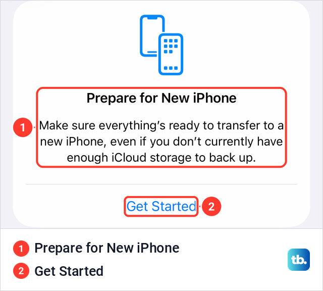 The iPhone Transfer or Reset iPhone page with the Prepare for New iPhone card and Get Started.