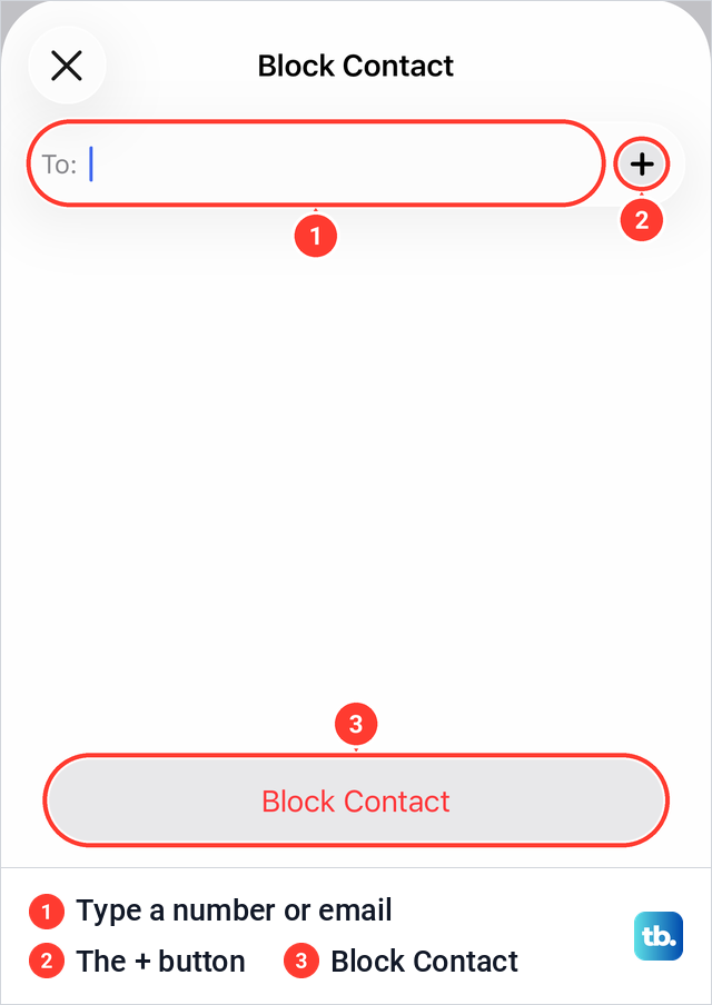 The iPhone Block Contact sheet with a To field, a plus button and a red Block Contact button.