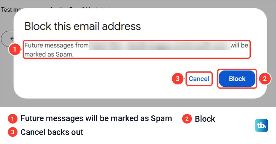 Gmail Block this email address box saying future messages will be marked as Spam, with Cancel and Block.