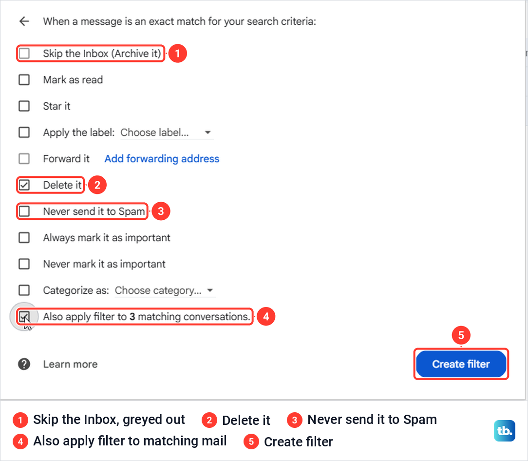 Gmail filter action list with Delete it and Also apply filter ticked and Skip the Inbox greyed out.