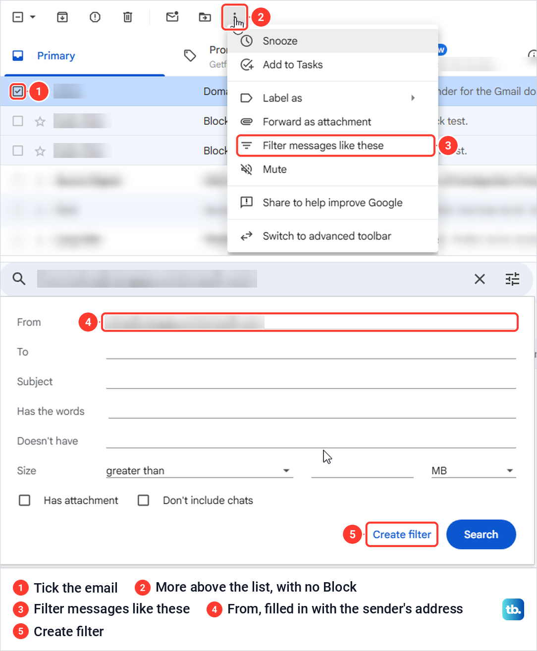 Gmail inbox list More menu with no Block option and the search panel opened by Filter messages like these.