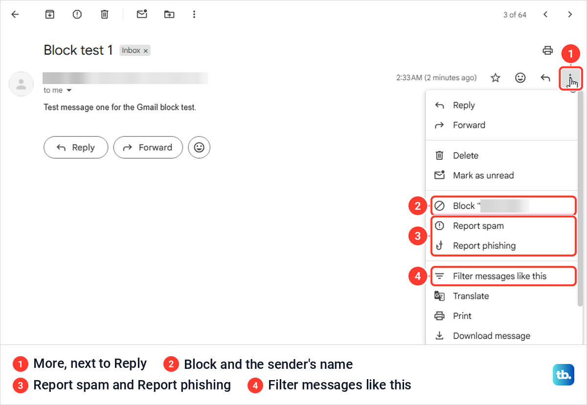 Gmail open email with the More menu next to Reply showing Block, Report spam and Report phishing.