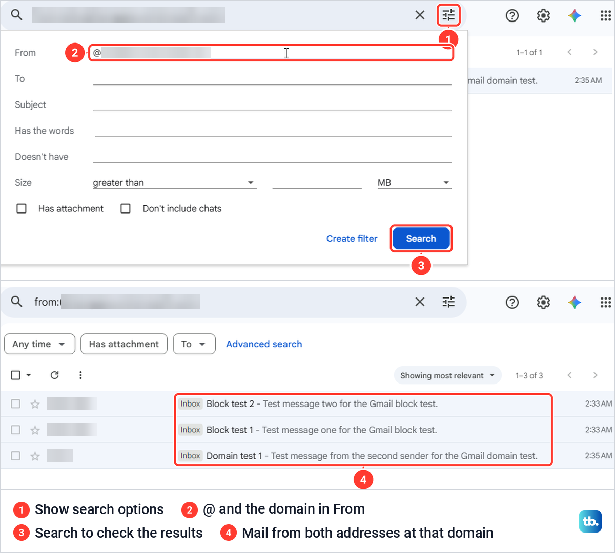 Gmail search options with an at sign and a domain in From, and the search results from that domain.