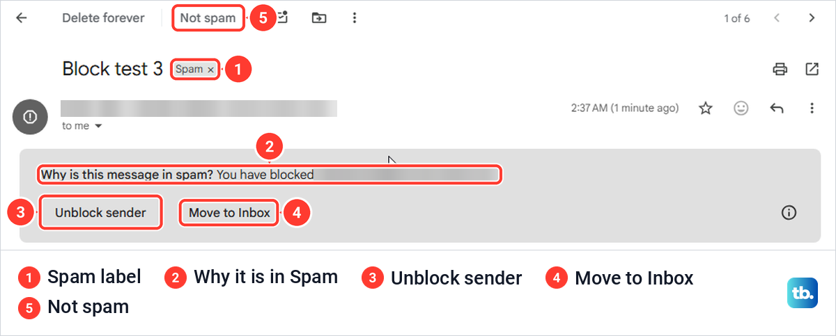 Email from a blocked sender opened in Gmail Spam with a banner explaining you have blocked the address.