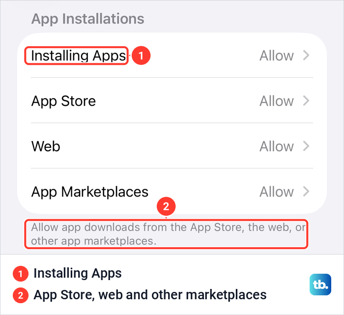 iPhone App Installations and Purchases settings with Installing Apps, App Store, Web and App Marketplaces rows.