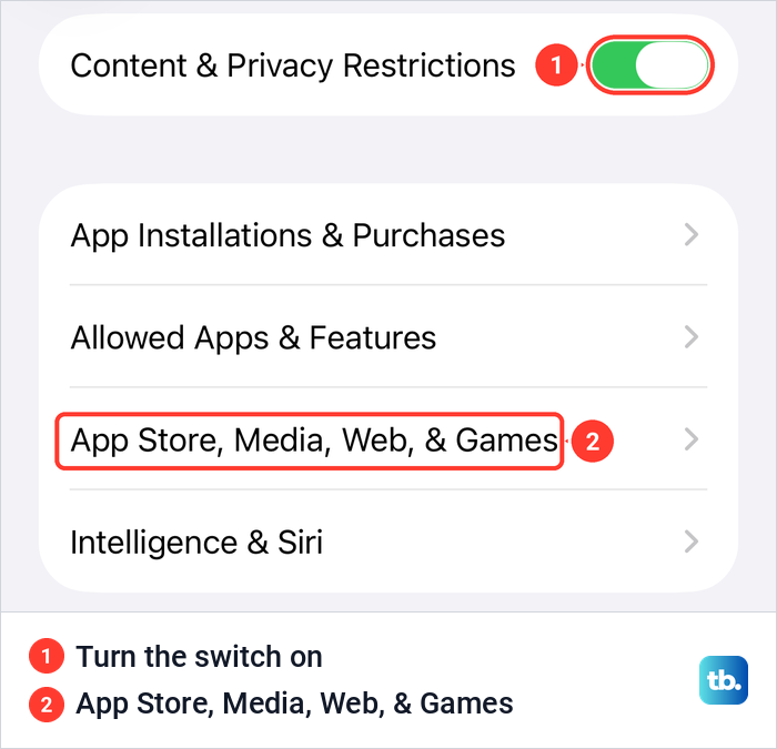 iPhone Content and Privacy Restrictions page with the switch turned on and four rows of settings below it.