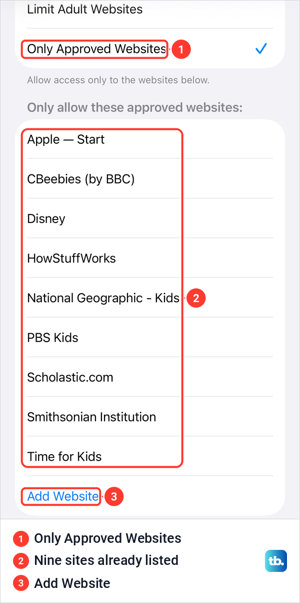 iPhone Web Content set to Only Approved Websites with nine preset sites and an Add Website row.