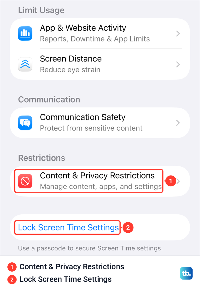iPhone Screen Time settings with Content and Privacy Restrictions under Restrictions and the Lock Screen Time Settings link below it.
