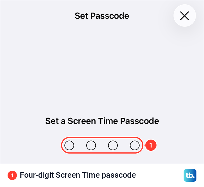 The iPhone Set a Screen Time Passcode screen with four empty circles for the code.