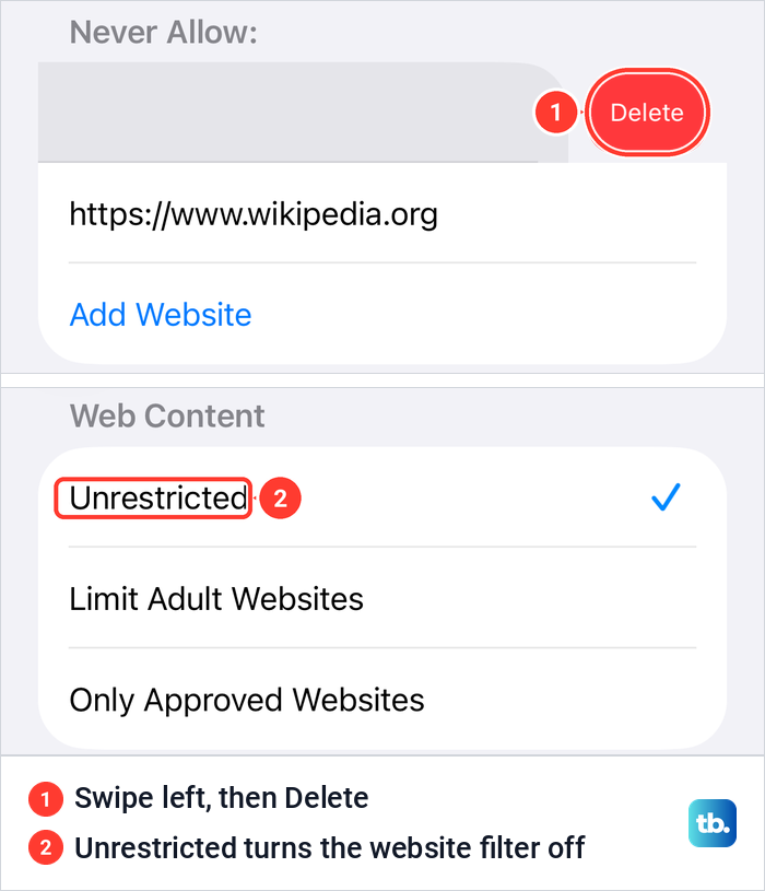 iPhone Never Allow list with a red Delete button after a swipe, and Web Content set to Unrestricted.