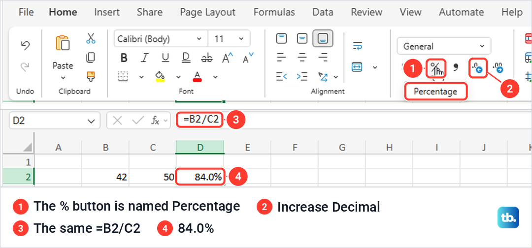 Excel for the web Percentage button tooltip and cell D2 showing 84.0%.