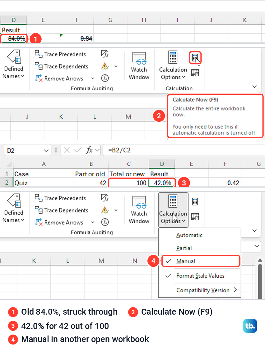 Excel Manual calculation leaving 84.0% struck through, Calculate Now, then 42.0%.