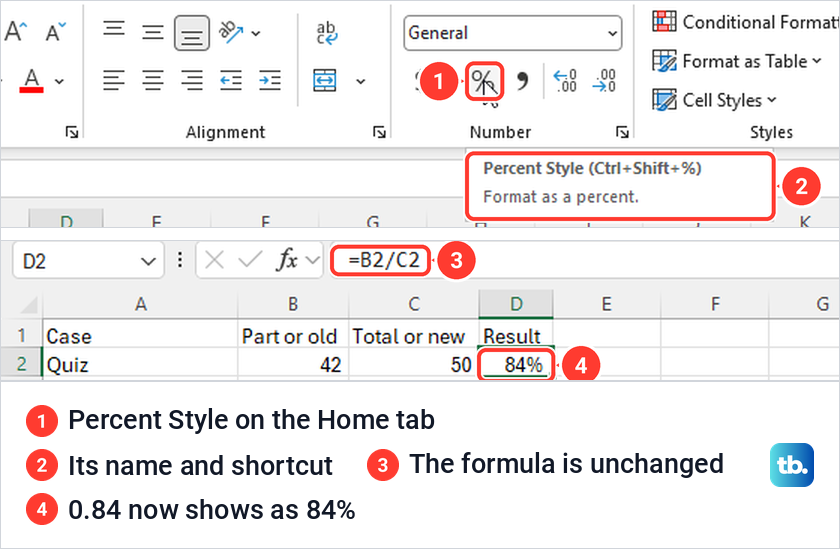 Excel Home tab Percent Style button and tooltip, then cell D2 showing 84%.