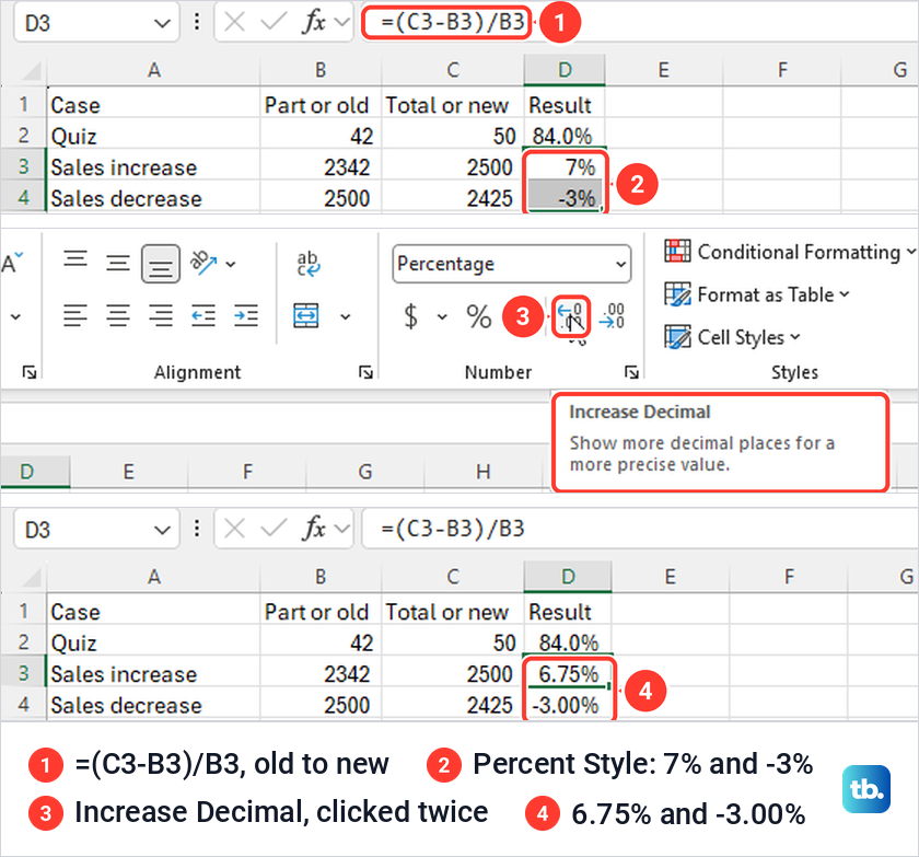 Excel percentage change formulas showing 7% and -3%, then 6.75% and -3.00%.
