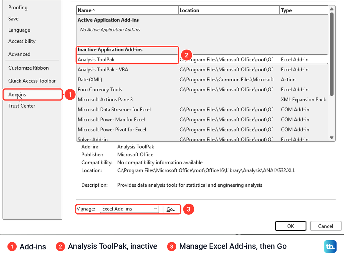 Excel Options Add-ins page listing Analysis ToolPak under Inactive Application Add-ins.