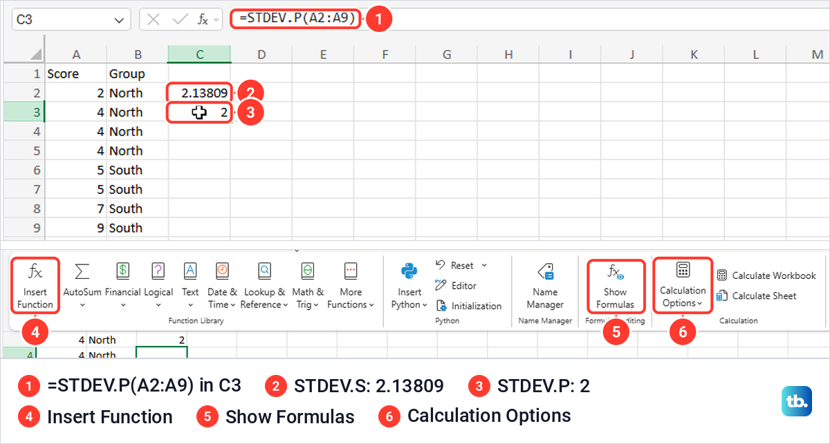 Excel for the web showing STDEV.S and STDEV.P results and the labelled Formulas tab buttons.