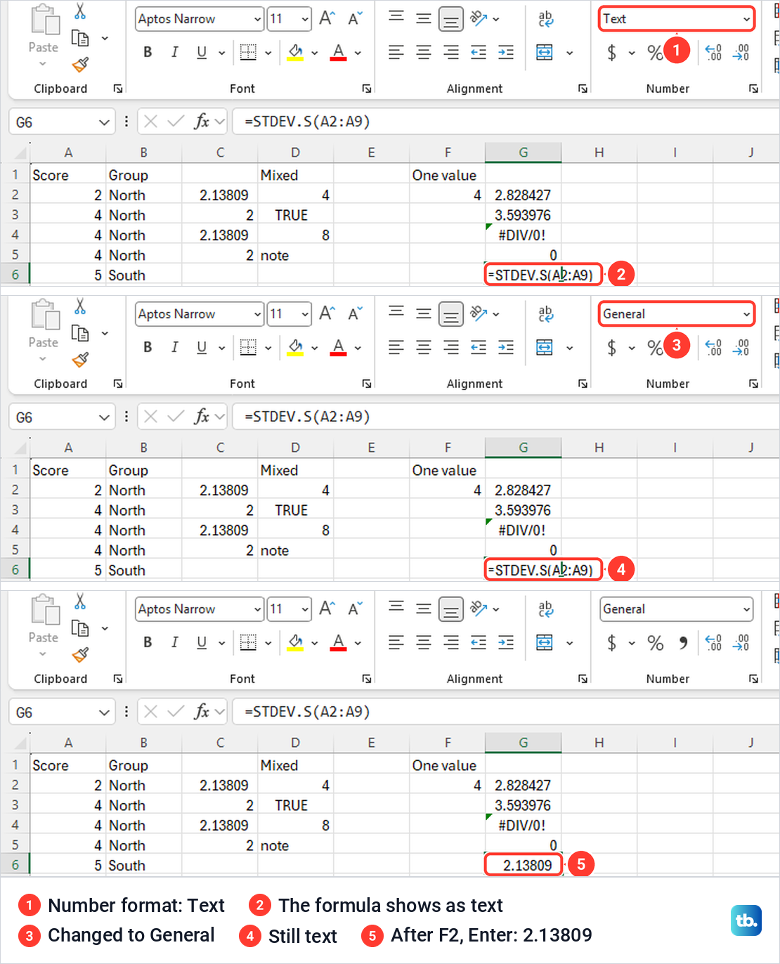 Three Excel views of a STDEV.S formula shown as text, still text after General, then calculated.
