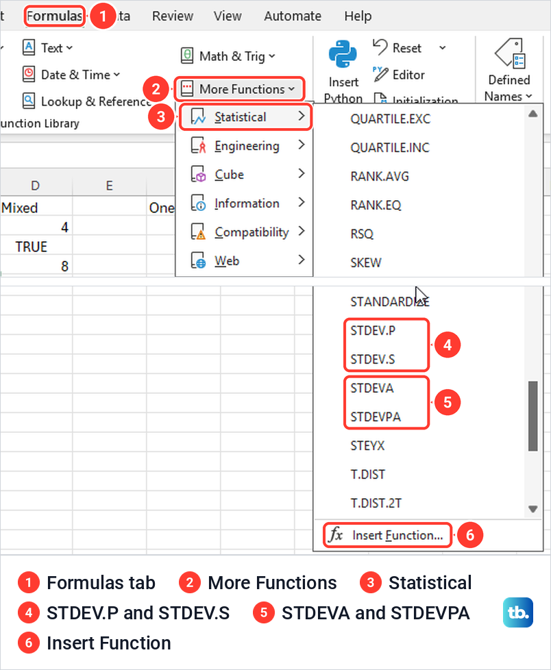 Excel Formulas tab with More Functions and Statistical open, scrolled to the STDEV functions.