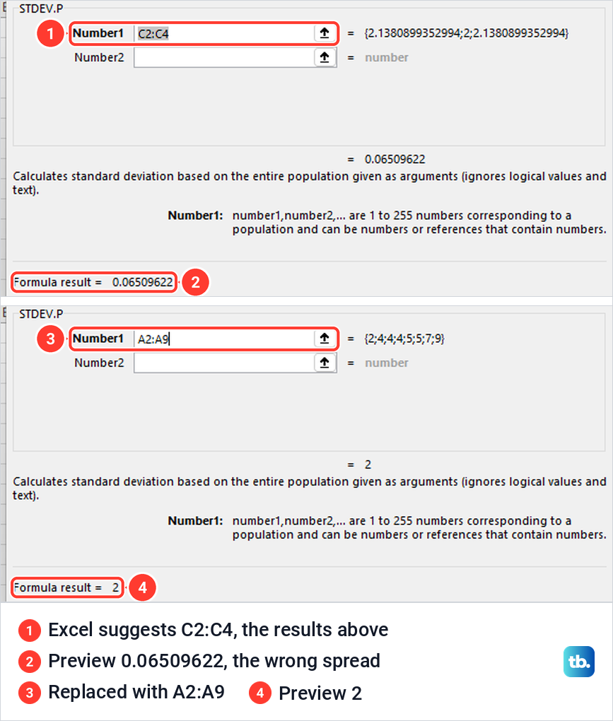 Excel Function Arguments for STDEV.P pre-filled with C2:C4, then corrected to the A2:A9 score range.