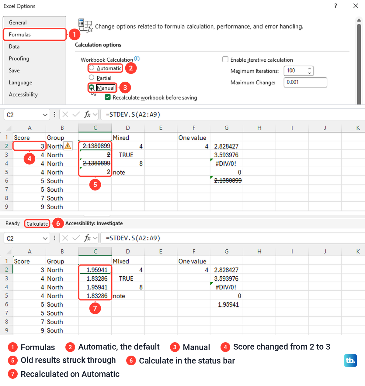 Excel Workbook Calculation options, struck-through stale results on Manual, then the recalculated values.