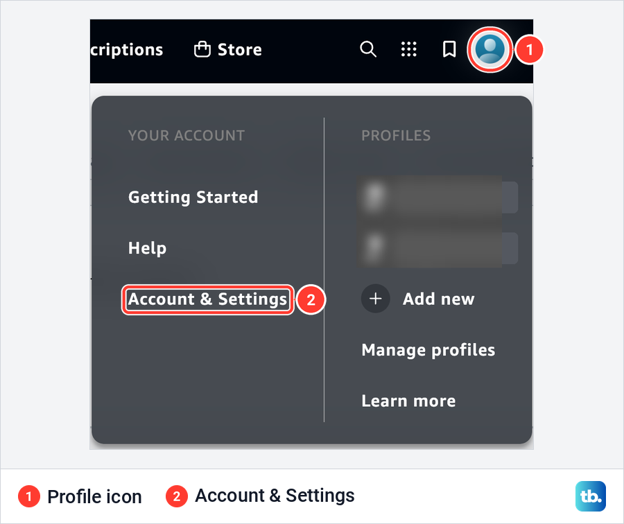 Prime Video's profile menu open from the profile icon, with Account and Settings under Your Account.